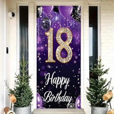 Imagem de Saoplasa Decoração de porta de aniversário de 18 anos 188 x 89 cm Banner de balão roxo e dourado com glitter para festa de 18 anos, decoração de parede para meninas e meninos