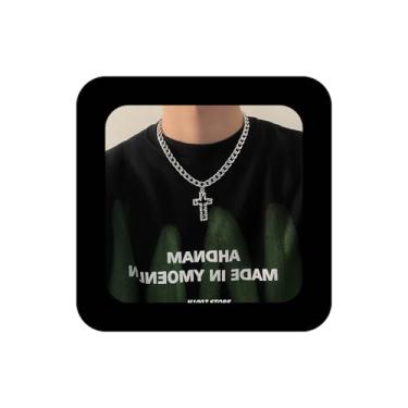 Imagem de Erimberate Colar gargantilha punk com cruz esmaltada preta com pingente de cruz e crucifixo de prata, corrente de elos grossos, joias femininas