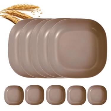 Imagem de Conjunto de 10 pratos quadrados de palha de trigo de 15 cm, prato de jantar profundo inquebrável, leve, uso reutilizável para casa e cozinha (marrom)