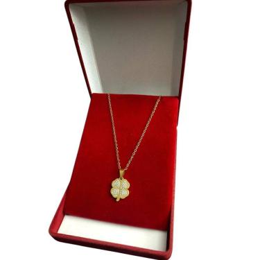 Imagem de Cordão Feminino 1Mm Trevo Cravejado Banhado A Ouro 18K