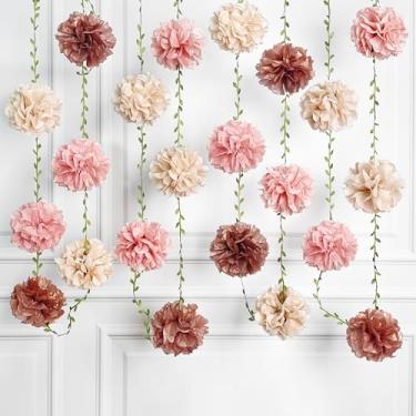 Imagem de Decorações de festa rosa empoeirado ouro rosa empoeirado bege papel de seda flores pompom com fita de folha pendurado guirlanda para aniversário, chá de bebê, casamento, chá de panela, artigos de