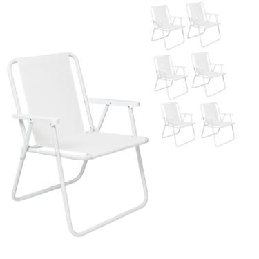 Imagem de Kit 6 Cadeira De Aço Praia Lazer Descanso Dobrável Alta (Branco)