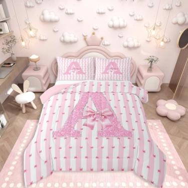 Imagem de Erosebridal Conjunto de edredom solteiro com laço rosa, letra A, romântico, sonhador, laço romântico, para quarto de crianças, adultos, adolescentes, conjunto de edredom