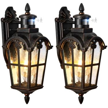 Imagem de VIANIS Luz de sensor de movimento externo de 41,7 cm, pacote com 2 lâmpadas ORB vintage para varanda lanterna, iluminação externa do crepúsculo ao amanhecer, luminárias externas de alumínio para casa