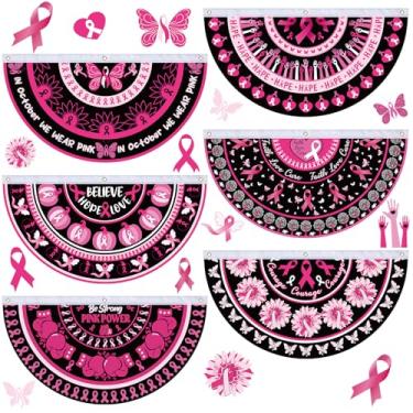 Imagem de SmoothNovelty 6 Pçs Bandeira de conscientização do câncer de mama 35,4 x 17,7 polegadas fita rosa jardim meio leque bandeira bandeira Believe Hope Love Breast Cancer decoração de casa sinal para