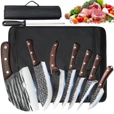 Imagem de ZENG Conjunto de 8 facas de açougueiro com saco de rolo, conjunto de facas de chef para corte de cutelo de carne e facas viking com alças ergonômicas, conjunto de facas de cozinha forjadas à mão de