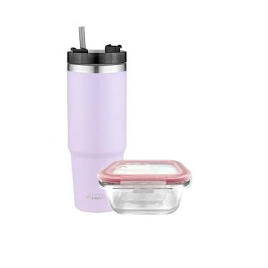 Imagem de Pote Vidro Hermético Marmita 1l E Copo Com Canudo 900ml Lilás