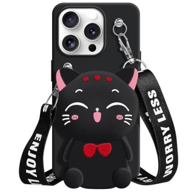 Imagem de SGVAHY Capa carteira para iPhone 14 Pro com cordão de cordão fofo gato preto bolsa de moeda engraçada capa de telefone kawaii de silicone macio à prova de choque para mulheres meninas