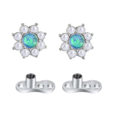 Imagem de 2 peças 14G G23 titânio opala pérola conjunto de âncora dérmica flor hipoalergénica microdérmica tops e base para lábios, bochechas, joias corporais piercing no peito (pérola opala azul escuro)