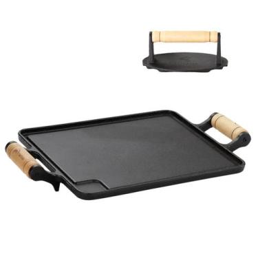 Imagem de Chapa Bifeteira Lisa De Ferro Fundido Com Alça De Madeira 24x38 Santan