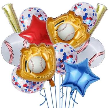 Imagem de Pacote com 14 balões de beisebol, luva de taco de beisebol, decoração de aniversário Mylar para decoração de aniversário com tema esportivo (bolas de beisebol)