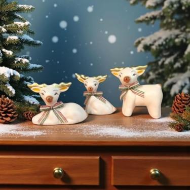 Imagem de Trio De Rena Em Pé Deitada Sentada Pequena Natal Com Laco