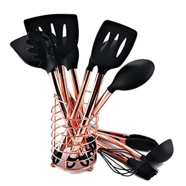 Imagem de BRIIEC Conjunto de 12 peças de utensílios de cozinha de cobre e preto com suporte, conjunto de espátulas de silicone com alça de aço inoxidável ouro rosa, pinças torneiras de cobre, acessórios de