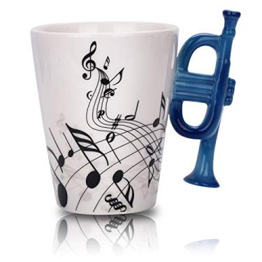 Imagem de Caneca trompete azul 365.7 g nota musical canecas de café cerâmica trompete caneca presente para músicos trompetistas, 400 ml