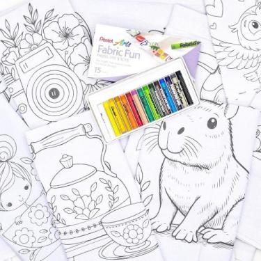 Imagem de Kit Pano de Prato Riscado - 12 Panos + Giz Pastel Pentel Para Tecido -