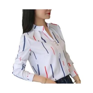 Imagem de Blusa Feminina Branca Com Estampa Listrada De Manga Longa Para Escritó