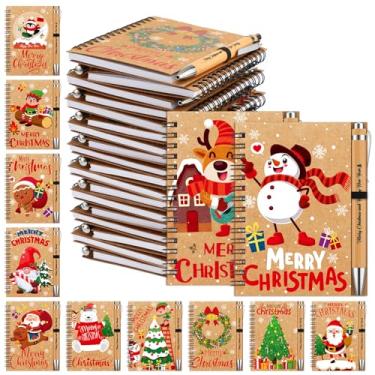 Imagem de Gueevin Conjunto de 72 peças de bloco de notas de Natal e canetas de bambu retráteis, 36 bolsos, caderno de Natal em espiral, 36 canetas esferográficas de bambu de Natal, presentes de Natal para professores e festas escolares