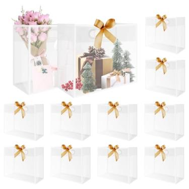 Imagem de 12 sacos de presente transparentes com fita, 30,5 cm x 25,4 cm x 12,7 cm sacos transparentes reutilizáveis para lembrancinhas de festa, saco de presente de plástico com alça, sacolas impermeáveis para