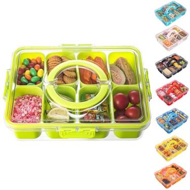 Imagem de Bandeja de servir dividida com tampa e alça – recipiente de charcutaria para lanche portátil organizador de pratos para doces, frutas, nozes, lanches - perfeita para festas, entretenimento, verde