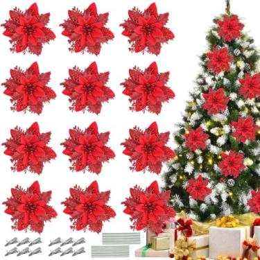 Imagem de BASEMMAHER 12 peças de flores de poinsétia com glitter de Natal com clipes, coroas de árvore de Natal, guirlandas, ornamentos de decoração de palitos florais artificiais para decoração de guirlanda de