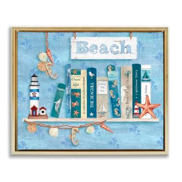 Imagem de Stupell Industries Beachy Book Shelf Panel Gold Framed Floater Canvas Wall Art, design by Emma Leach, 17 x 21