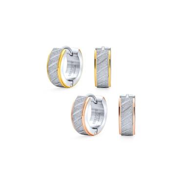 Imagem de Brincos unissex esculpidos diagonais de argola larga para homens e mulheres com borda de ouro rosa prata dois tons de aço inoxidável fosco acabamento stardust, One Size, Metal, Sem pedra preciosa