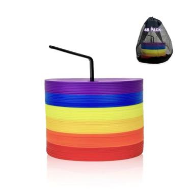 Imagem de Ashsajkd Pacote com 48 cones de futebol planos de 15 cm, marcadores multicoloridos antiderrapantes com furos, cones planos para treinamento esportivo, futebol, beisebol, equipamento de treinamento de