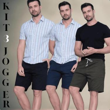 Imagem de Kit 3 Bermudas Jogger Masculina Casual Sarja Com Cordão Ajustável Bols