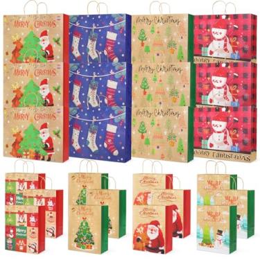 Imagem de 24 peças de sacos de presente de Natal Kraft tamanhos variados sacos de papel gigantes de Natal médios com alças sacos de presente com estampas de Natal para embrulho de presente de Natal suprimentos