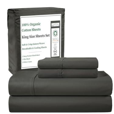 Imagem de Jogo de lençol king 100% algodão com lençol de elástico e fronha, 300 fios, trama de cetim 4 peças, lençol King com bolso profundo, macio e confortável, roupa de cama de luxo naturalmente legal