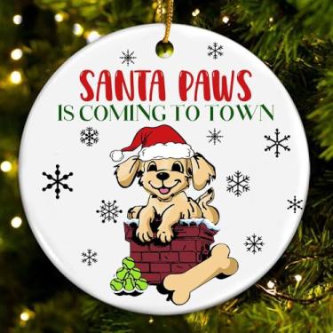 Imagem de Enfeite de Natal de Papai Noel Paws – Decoração engraçada de árvore de Natal – Lindo enfeite de Natal de cerâmica com design de filhote e chaminé – Presente de Papai Noel (HC-52)