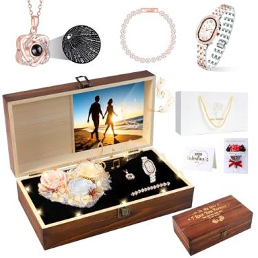 Imagem de Pasuvsigt Colar de rosa real preservada com coração, relógio, pulseira, música LED romântica e luzes de madeira feitas à mão flores de aniversário presente para mulheres, esposa, namorada, aniversário