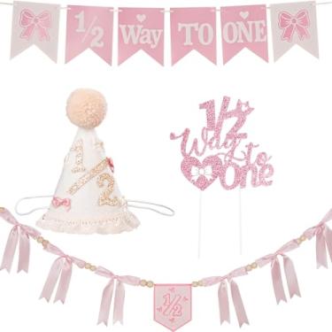 Imagem de Tiara de aniversário de 1/2 anos - coroa boho, chapéu de meio aniversário, faixa rosa para cadeira alta, topo de bolo de nascimento com glitter para bebês de 6 meses, presentes de decoração de