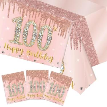 Imagem de Xiliconie Pacote com 3 toalhas de mesa descartáveis de plástico para decoração de aniversário de 100 anos em ouro rosa para decoração de aniversário de 100 anos