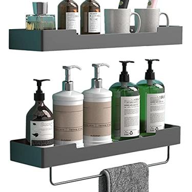 Imagem de WYUYIWH Suporte de chuveiro sem perfuração, prateleiras de chuveiro adesivas, antiferrugem, espaço montado na parede, alumínio para cozinha, banheiro, preto, 2 camadas de 50 cm
