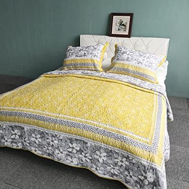 Imagem de Conjunto de colcha de cama acolchoada de algodão floral boêmio, tamanho Queen, leve, 1 colcha e 2 fronhas (amarelo, Queen) (Queen amarelo (231 x 248 cm))