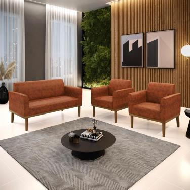 Imagem de Conjunto 2 Poltronas e 1 Namoradeira Decorativa Isabella Pés Fixo em Madeira Castanho PU Nozes G19 - Gran Belo