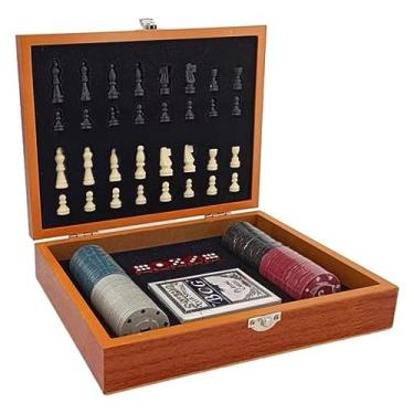 Imagem de Kit Jogos com Tabuleiro Em Madeira de Xadrez e Caixa de Poker e Baralho Premium