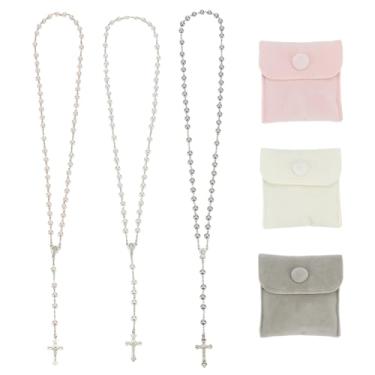 Imagem de GOMAKERER 3 colares de terço de 3 cores para mulheres, colar de cruz de 70 cm de comprimento, colar de rosário com pingente de crucifixo para batismo e natal Patry