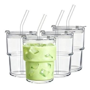 Imagem de BenRain Xícaras de café gelado com tampas e canudos, 4 peças, copo de vidro de 368 g com canudo e tampa, copos Matcha reutilizáveis de transporte, copos de vidro de parede grossa para beber café
