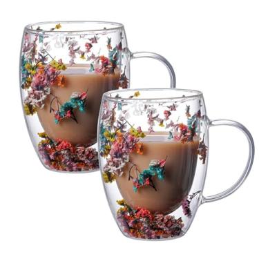 Imagem de Viovian Canecas de café de vidro de parede dupla de 370 ml, conjunto de 2 xícaras de café de vidro isoladas com alças, caneca de chá de flores secas transparentes para bebidas quentes, xícara de chá