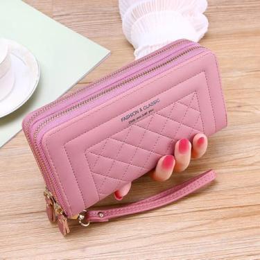 Imagem de Carteira feminina elegante longa clutch com zíper duplo porta-cartões de grande capacidade para uso diário, rosa
