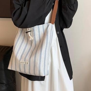 Imagem de Sacolas femininas listradas, bolsa de lona com cordão casual de grande capacidade para viagens e passeios, Azul, Large, Moderno