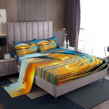 Imagem de Feelyou Jogo de lençol King com estampa de ondas do oceano, pôr do sol à beira-mar, litoral, natureza costeira, verão, praia, férias e férias
