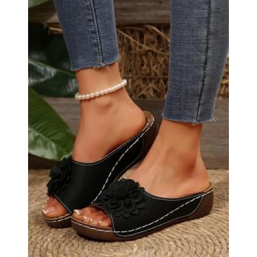 Imagem de Sandália feminina elegante de verão ortopédica deslizante feminina leve e grossa com suporte de arco para fascite plantar confortável, Preto/flor, 37