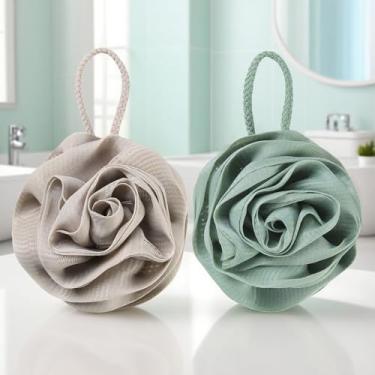 Imagem de Esponja de banho 2 peças para chuveiro, 50 g de bucha para mulheres, pufe de malha macia Scrunchies para banho - limpeza diária, cáqui e verde