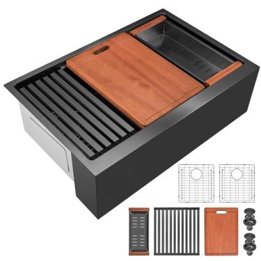 Imagem de Avental de 91 cm - Pia de cozinha grande de aço inoxidável preta de 16 mm com acessórios abundantes (preto, 91 cm x 56 cm)