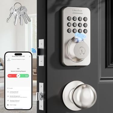 Imagem de Ulecoce Fechadura de teclado de impressão digital com conjunto de maçanetas, fechadura de porta de entrada sem chave, conjunto de fechaduras de porta da frente, controle de aplicativo, trava