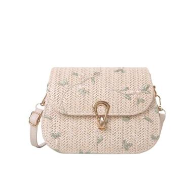 Imagem de Bolsa tiracolo feminina de tecido – Bolsa de ombro estilo palha pequena com alça ajustável, Off-white