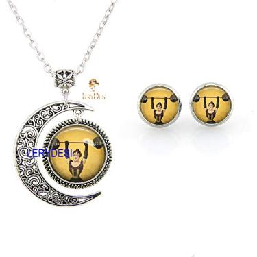 Imagem de LERYDESI Colar de mulher forte, brincos com pingente de lua, levantamento de peso, circo, espetáculo de aberrações, conjunto de joias para halterofilismo, Vidro Metal Vidro Metal corda